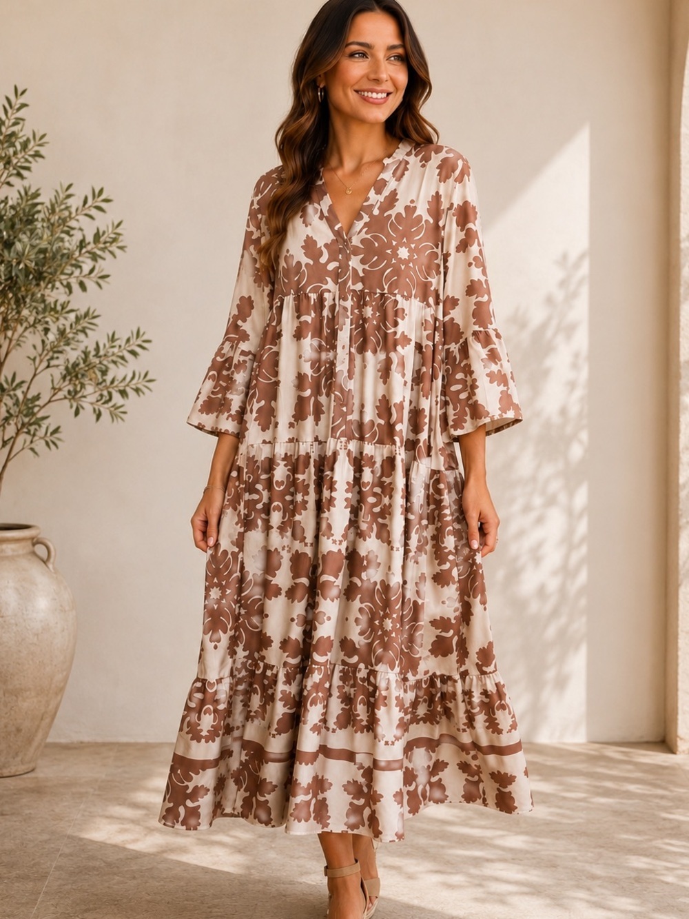 Women's Cream and Brown Floral Tiered Midi Dress
